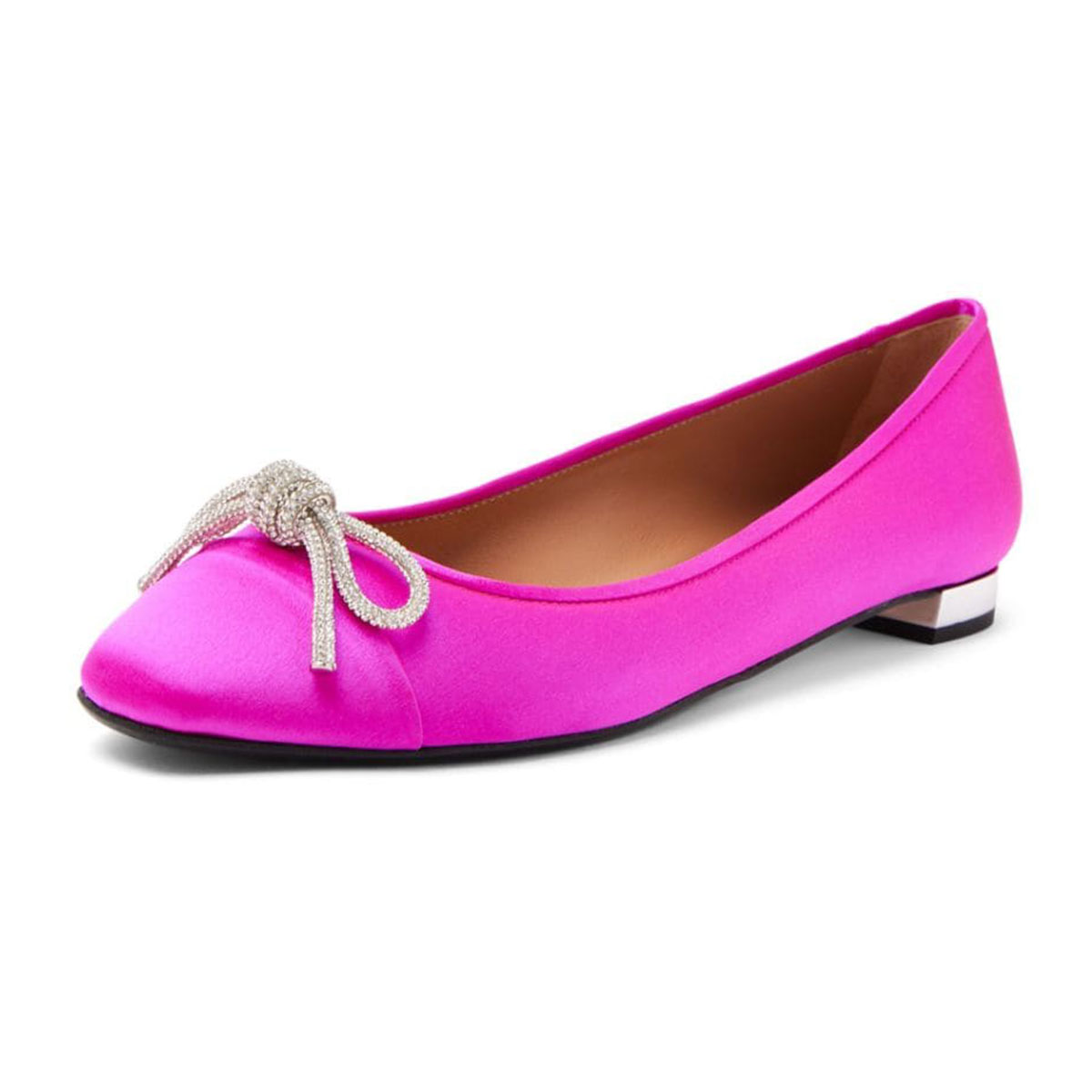 Satin Rhinestone Bows Round Toe Slip-On Ballet Flats in Fuchsia Nicepairs