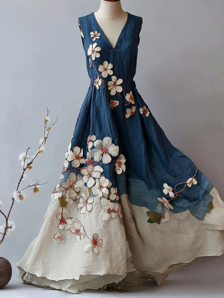 Women's Retro Japanese Sakura Art Stitching Casual Linen Sleeveless Dress