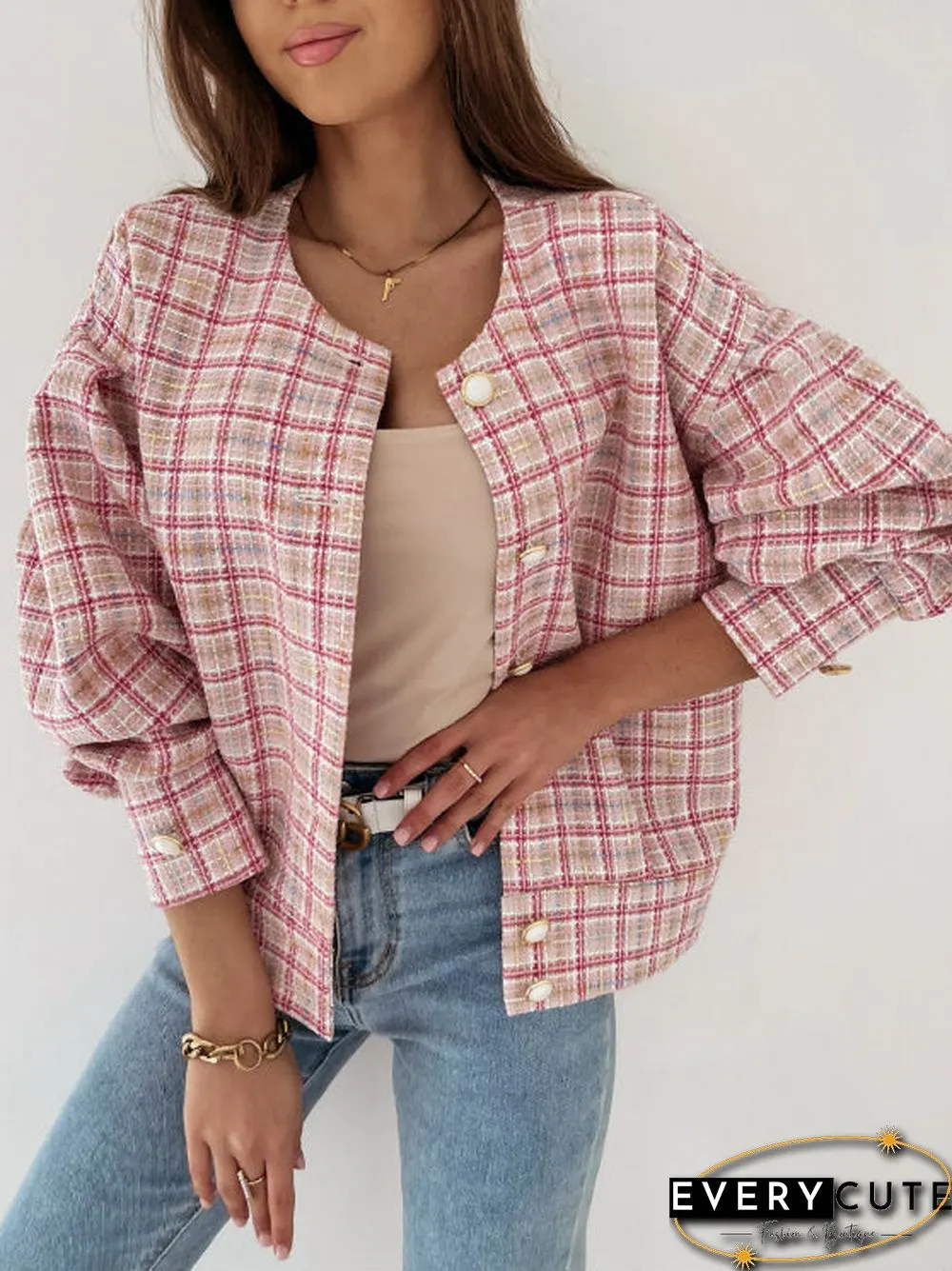 Round Neck Plaid Button Down Blouse Top
