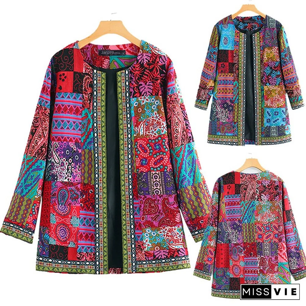 ZANZEA Vintage Women Cotton Ethnic Printed Coat Patchwork Cardigan Jackets Casaco Feminino Manteau Femme