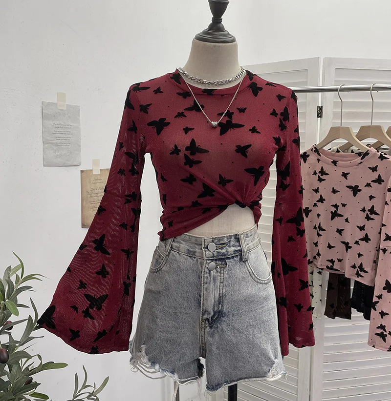 Uveng Real Shooting Spice Girl Butterfly Shiny Shiny Mesh Yarn Long-Sleeved T-Shirt Horn Sleeve Short Repair Body Jacket 8031