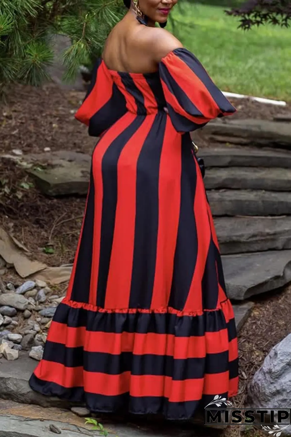 Jacinth Fashion Casual Off The Shoulder Strapless Strapless Dress Floor Length Striped Dresses