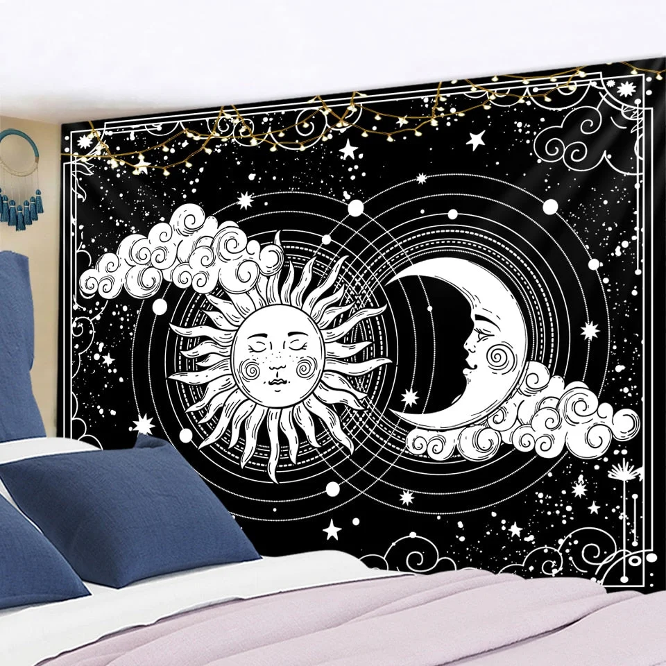 Golden Sun Moon Tapestry Wall Hanging Indian Mandala Boho Printed Psychedelic Tapiz Witchcraft Wall Cloth Tapestries