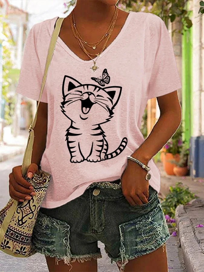 Women's Cute Cat Casual V-Neck Tee