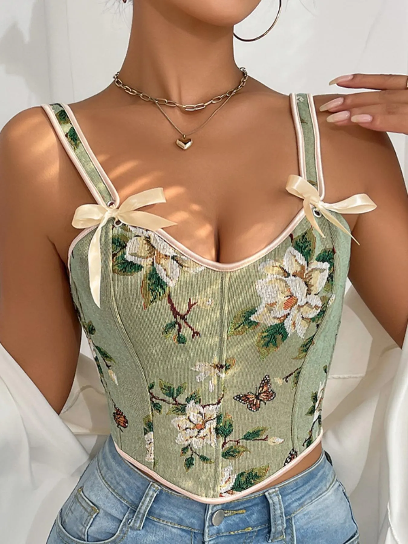 Women's Floral Print Adjustable Lace Up Corset Structure Shapewear Tank Top, Fashionable Bow Decor Shapewear Top for Daily Wear, Tummy Control Shaper for Women