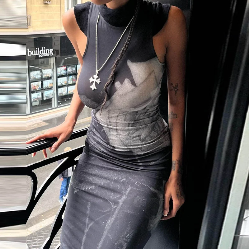 Uveng Uveng Summer New Retro Street Trend Print Color Round Collar High Waist Slim Dress