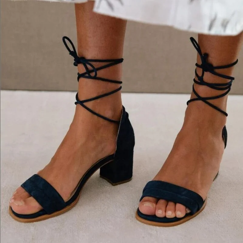 SHENGY 2020 Women High Heels Summer Roman Mid Heel Square Heel Lace Up Strap Women Sandals Shoes Ladies Plus Size Pumps