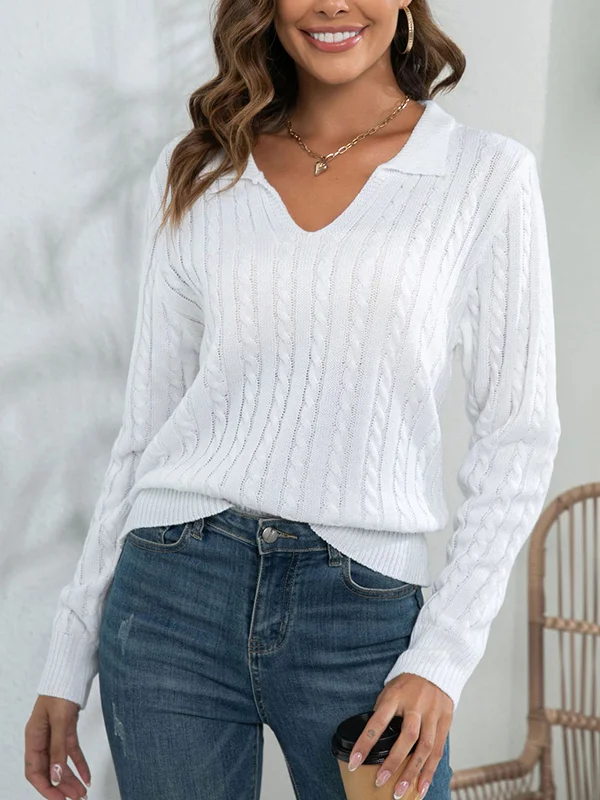 Split-Joint Solid Color Loose Long Sleeves V-Neck Sweater Tops