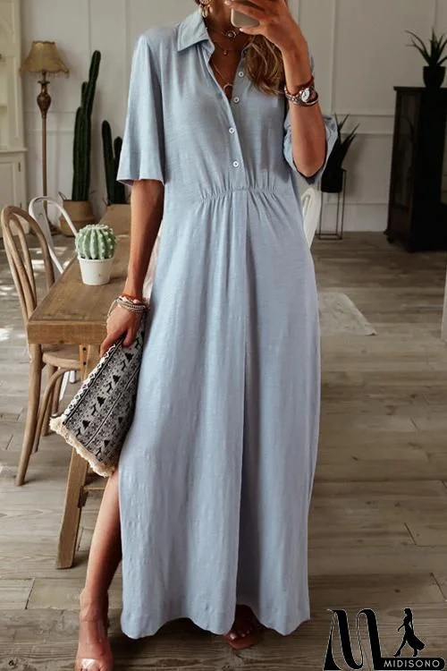 Button Half Sleeve Slit Shirt Dress