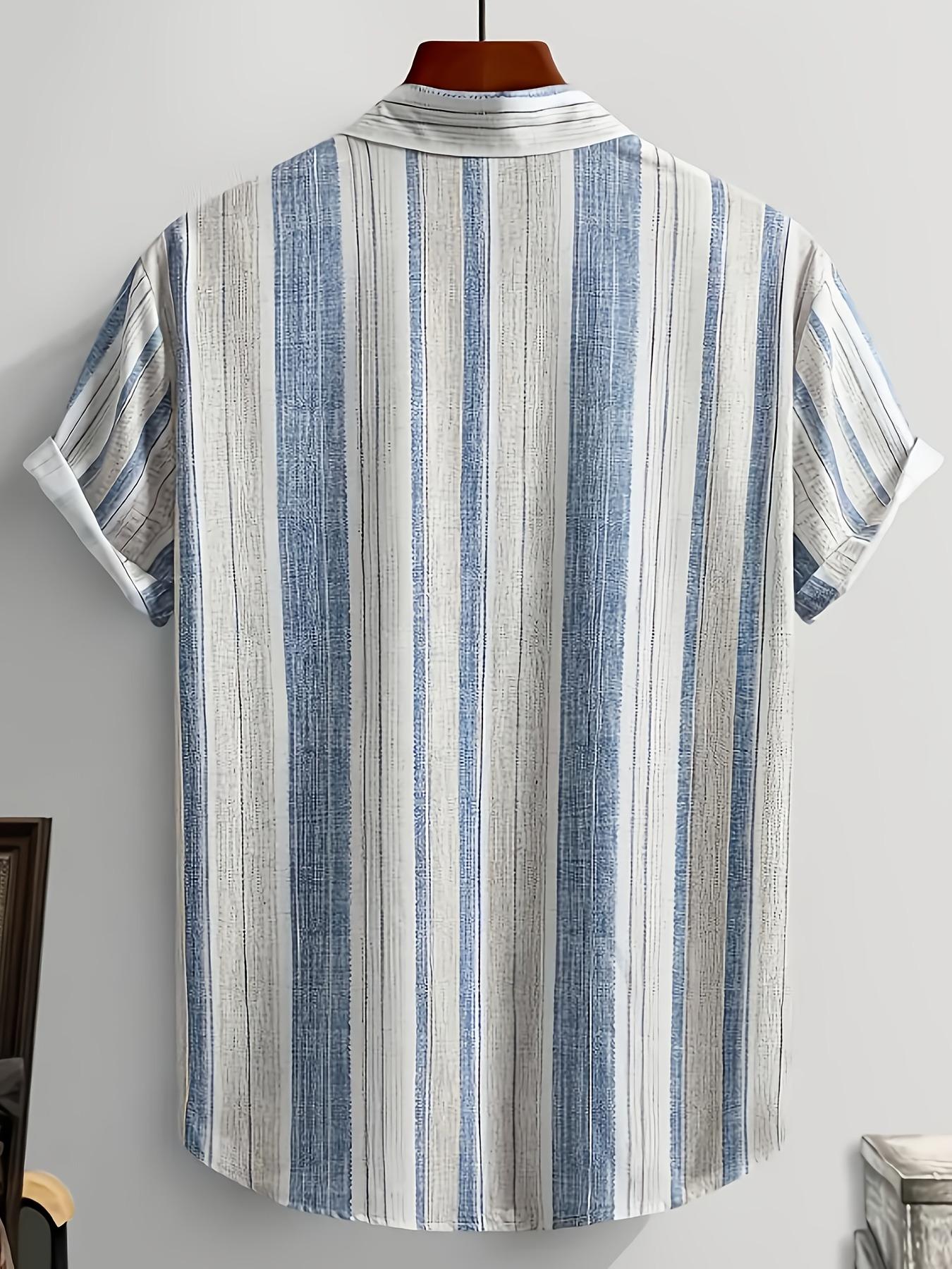Men's slim short-sleeved collared shirt - Beige brown horizontal striped button collar for summer beach getaways, office wear, Casual Business Style, Casual everyday wear, anti-wrinkle, machine washable, Casual Party Shirt