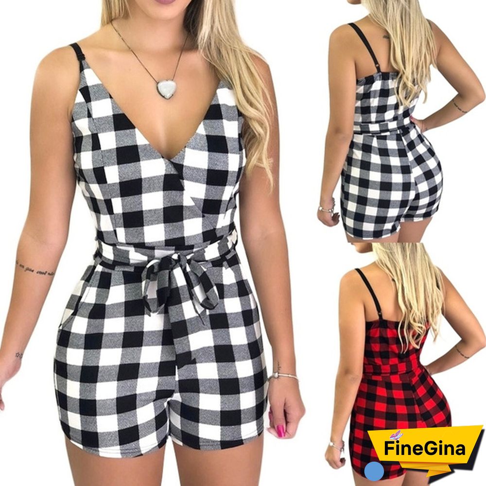 Summer Womens Fashion Bow Tie Plaid Romper Dress Jumpsuit Shorts Suspended Checked Clothing Beach Dress