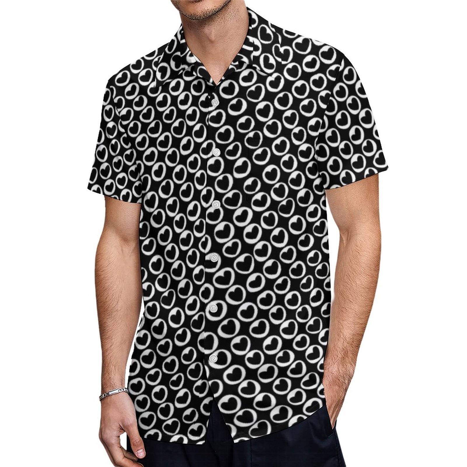 Cute Girly Black And White Hearts Drawstring Bag Hawaiian Shirt Mens Button Down Tropical Hawaii Beach Shirts