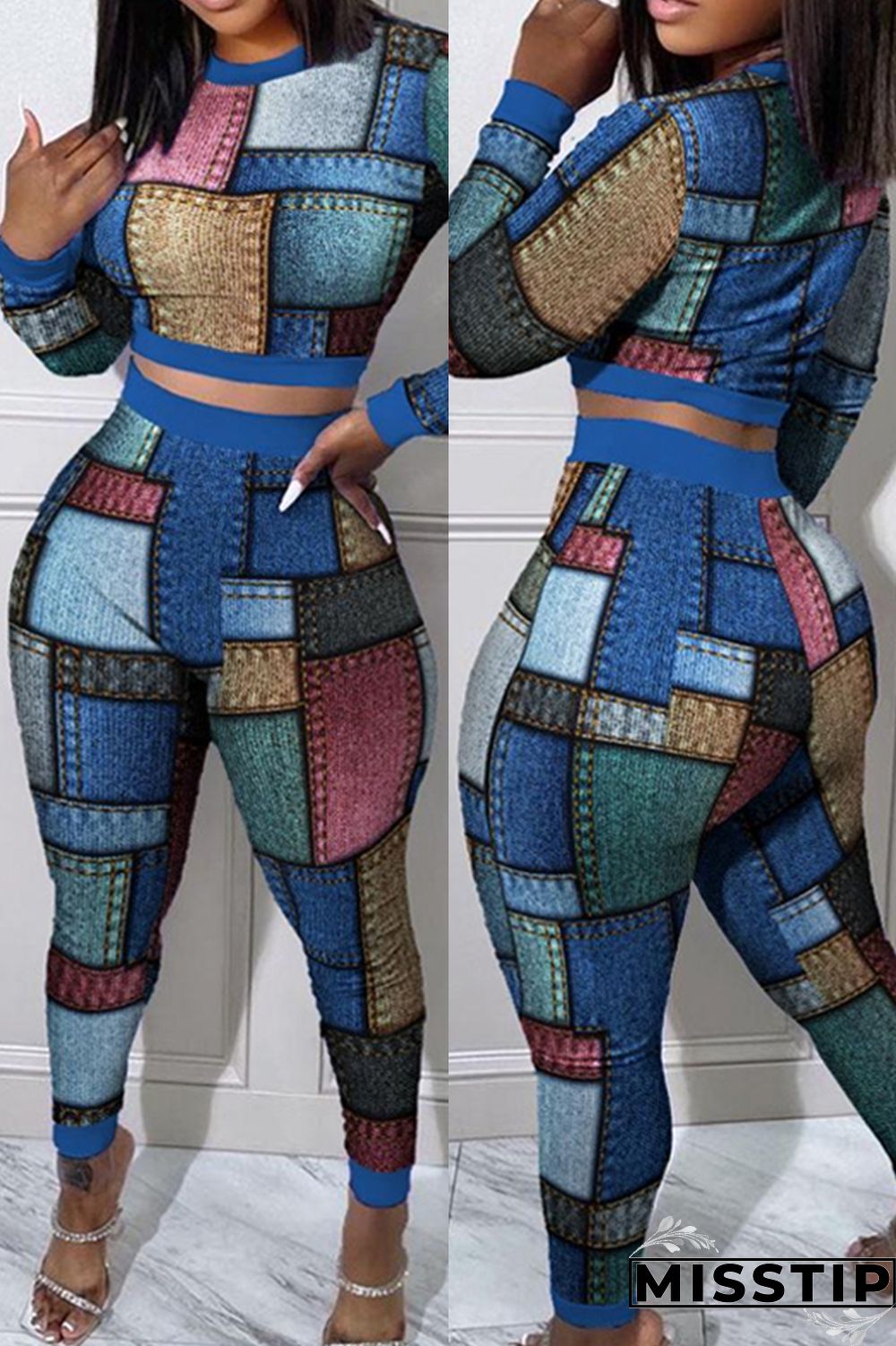 Black Casual Print Patchwork O Neck Long Sleeve Two Pieces