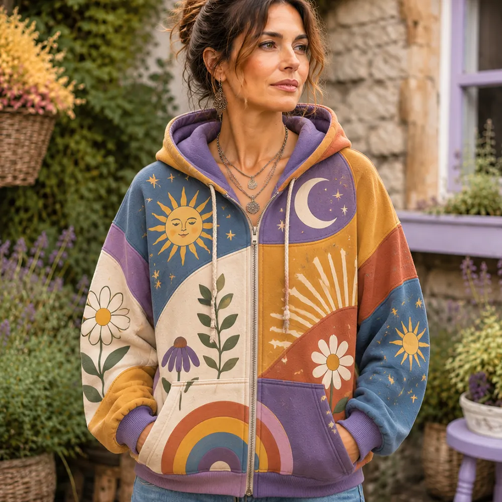 Comstylish Women's Colorblock Zip-up Hoodie With Sun, Moon, Floral, And Rainbow Patchwork Design