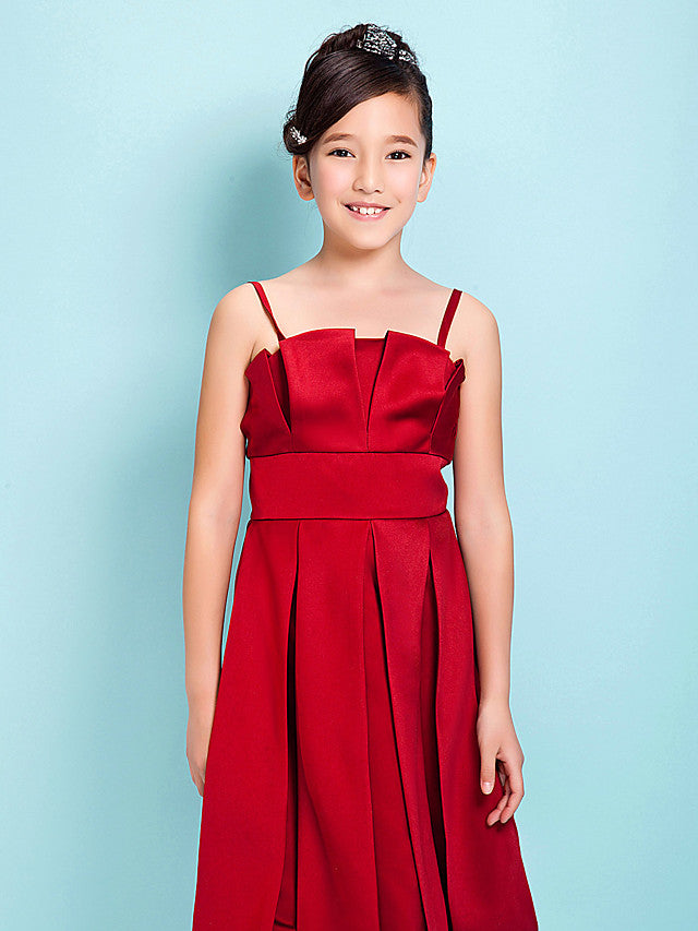 Princess / A-Line Spaghetti Strap Knee Length Satin Junior Bridesmaid Dress With Sash / Ribbon / Draping / Spring / Summer / Fall / Hourglass / Inverted Triangle