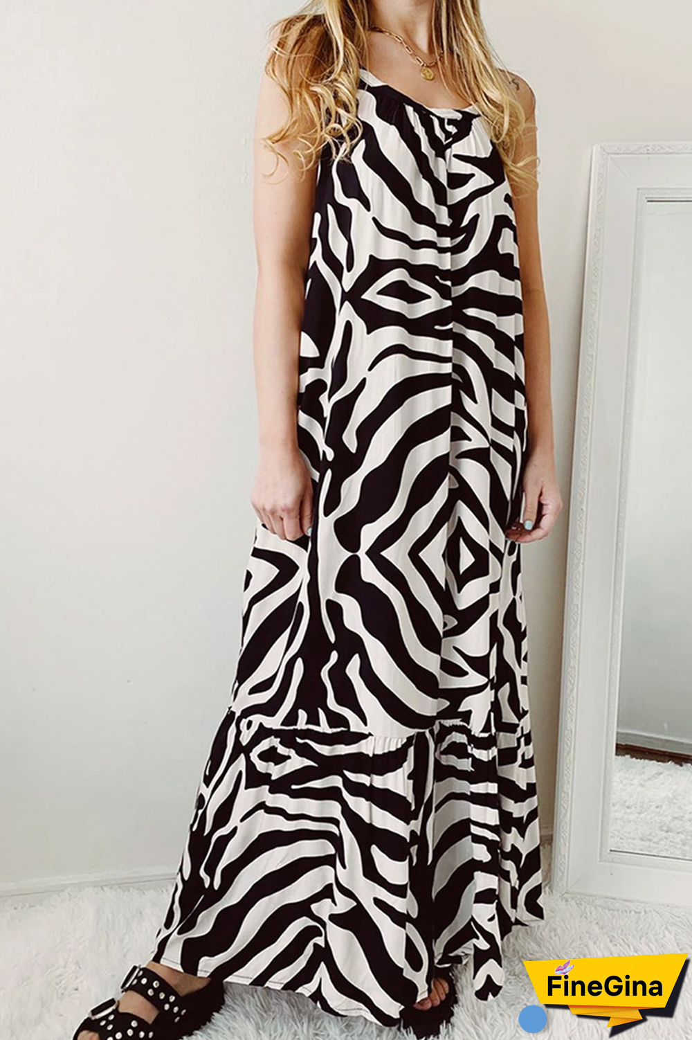 Casual Print Split Joint Spaghetti Strap Straight Dresses(3 Colors)