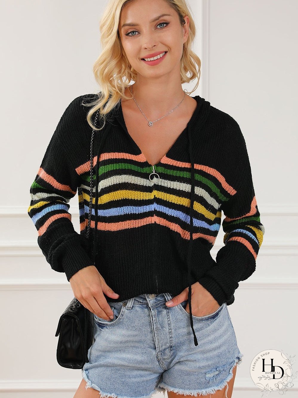 Rainbow Striped Hooded Sweater Cardigan