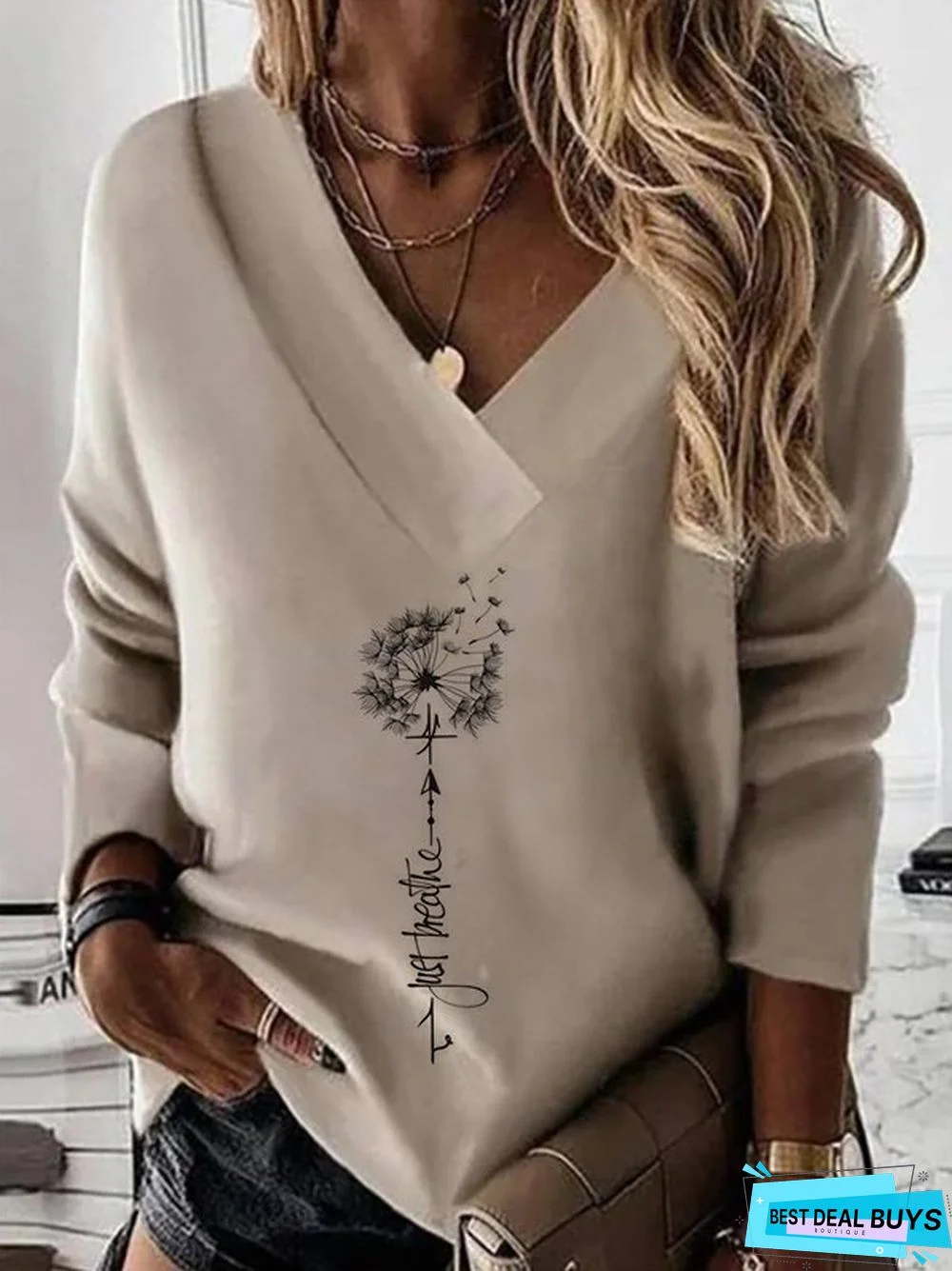 Women Casual Autumn Dandelion Micro-Elasticity Daily Jersey Long sleeve Regular Regular Size Sweatshirt