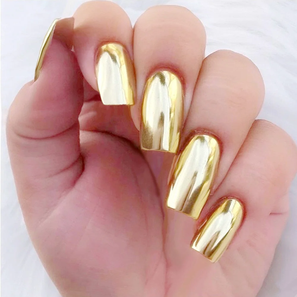 24Pcs Mirror Gold Long Fake Nails With Jelly Glue Artificial Press On False Nails DIY Full Cover Tips Manicure Tool