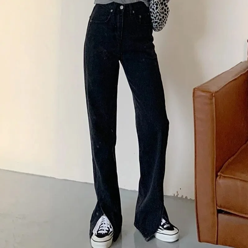 Vintage Black Flare Demin Pants Women High Waist Front Split Leg Straight Jeans Trousers Korean Clothes