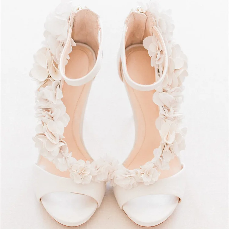 Ivory Satin Wedding Shoes Floral Embellished Strappy Heeled Sandals |FSJ Shoes