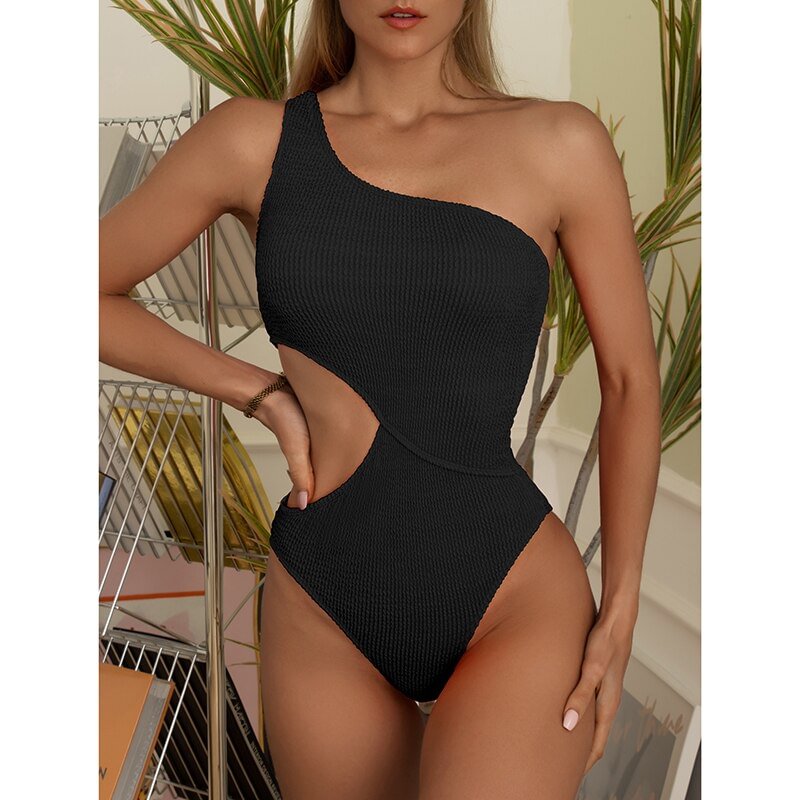 INGAGA Cut Out Sexy One Piece Swimsuits One Shoulder Swimwear Women Ribbed Monokini Solid Bodysuits Women High Cut Bathing Suits
