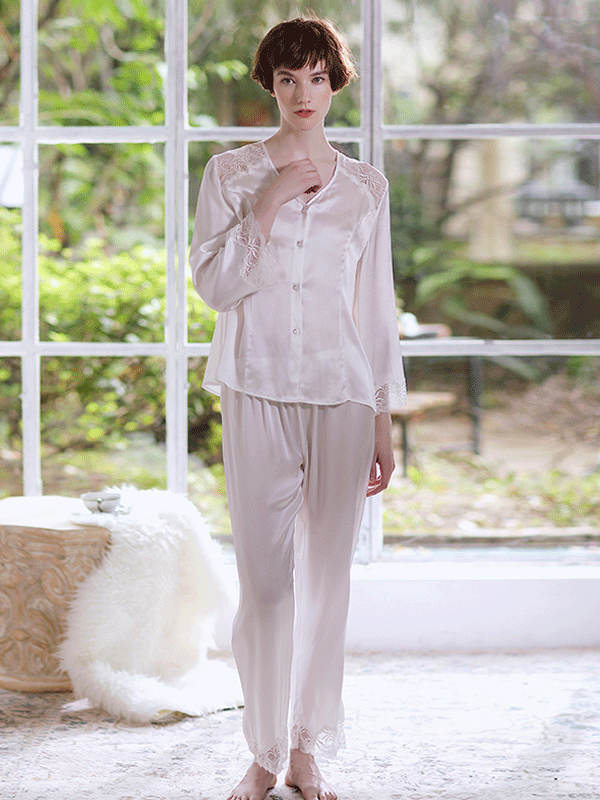 High Quality Full Length Sexy White Lace Silk Pajamas Set For Women-Luxury Silk Life