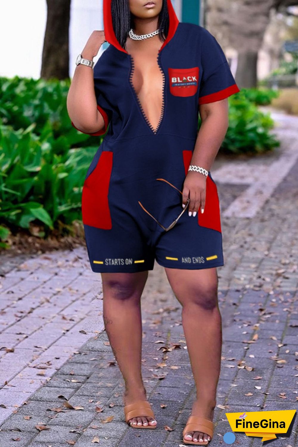 Blue Red Casual Print Patchwork Contrast Hooded Collar Plus Size Romper