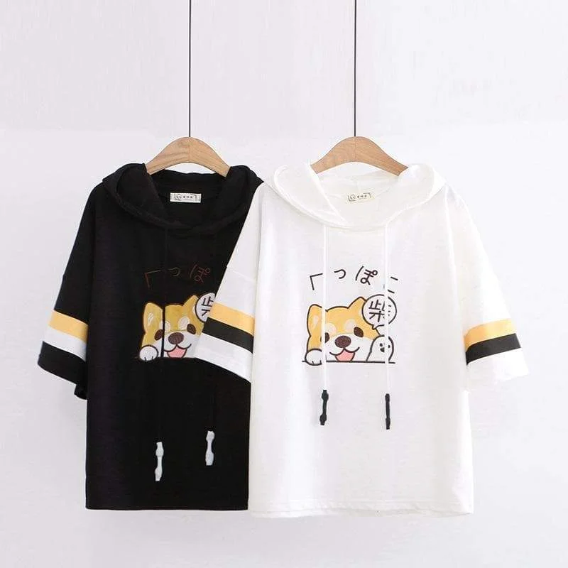 Cute Black/White Shiba Inu Embroidery Short Sleeve Hoodie SP15882