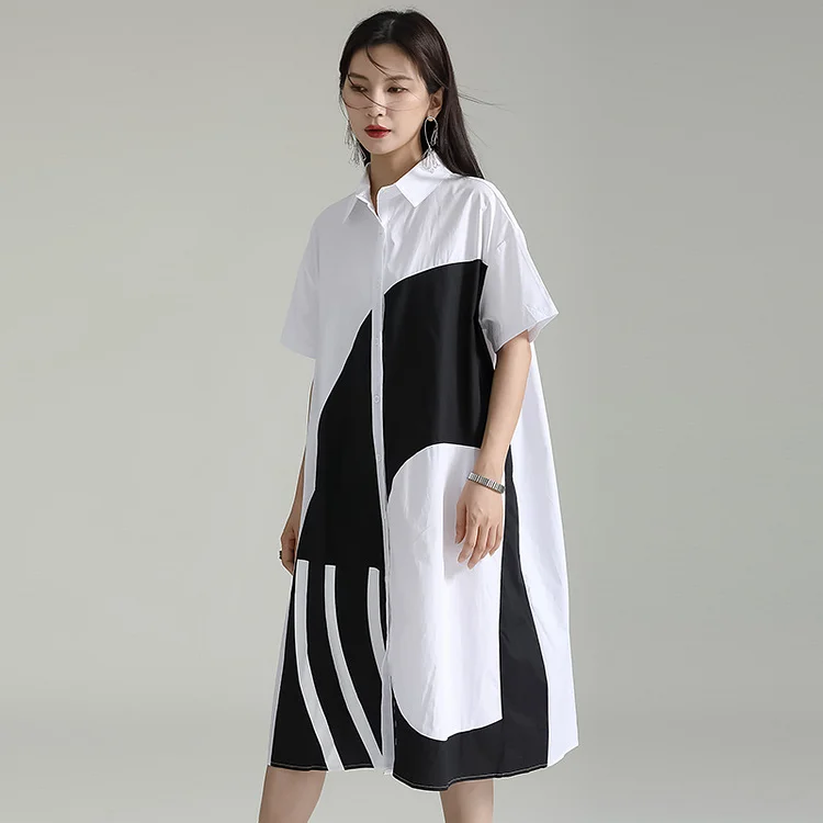 Loose Color Blocking Short Sleeve Midi Dress