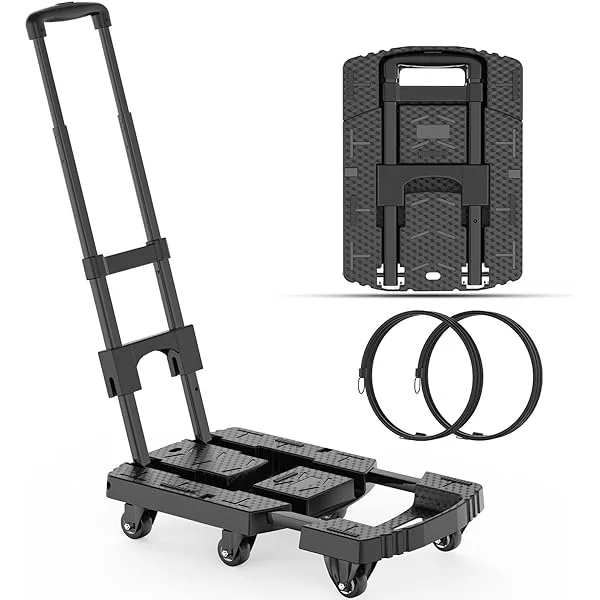 JVIBI Folding Hand Truck, Pre-Installed 600lbs Heavy Duty Dolly Cart, Portable 6 Wheels Collapsible Luggage Cart with 2 Elastic Ropes for Luggage, Travel, Moving, Shopping, Office Use