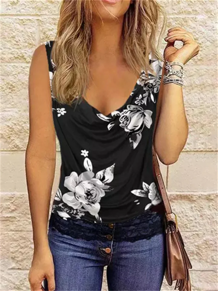 Spring and Summer New Loose Type Women's Floral Print Pile Collar Fashion Lace Lace Sleeveless Personality Wind Undershirt-Mixcun