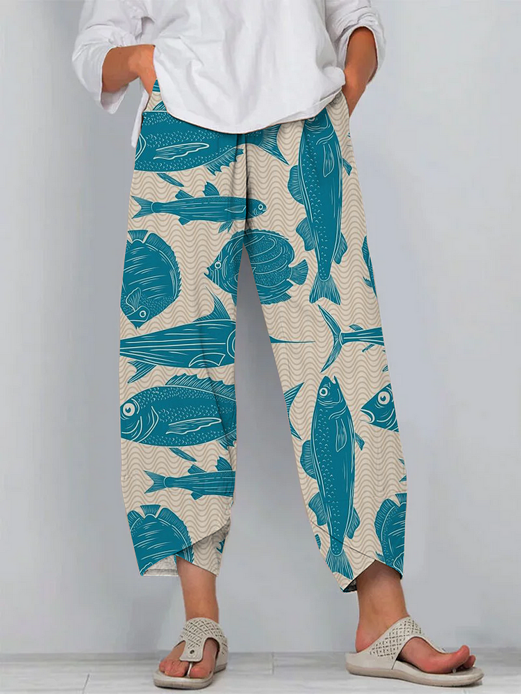 Casual Ocean Fish Print Cropped Pants