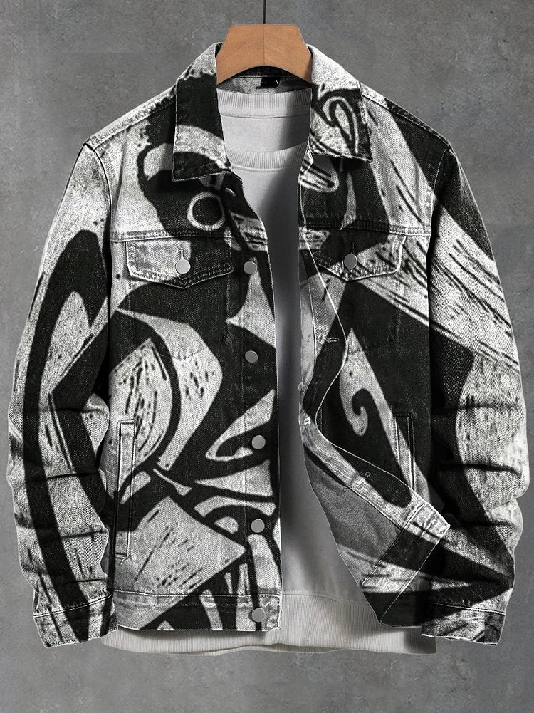 Vintage Tribal Print Black and White Abstract Casual Denim Jacket