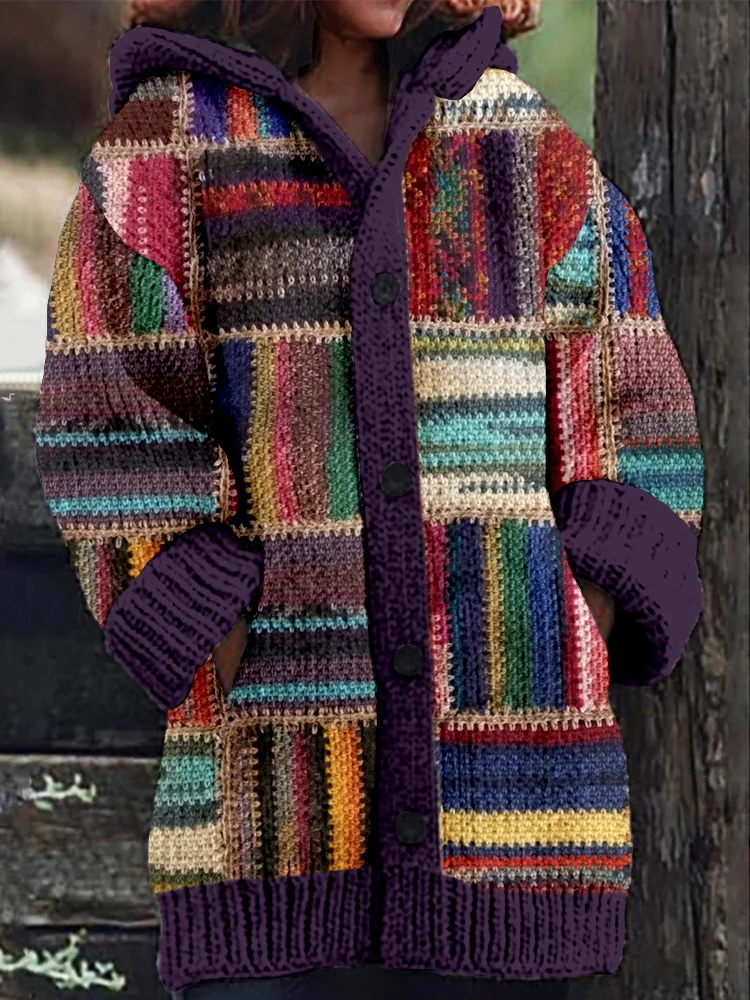 Utbros Vintage Square Geometric Striped Cozy Hooded Cardigan