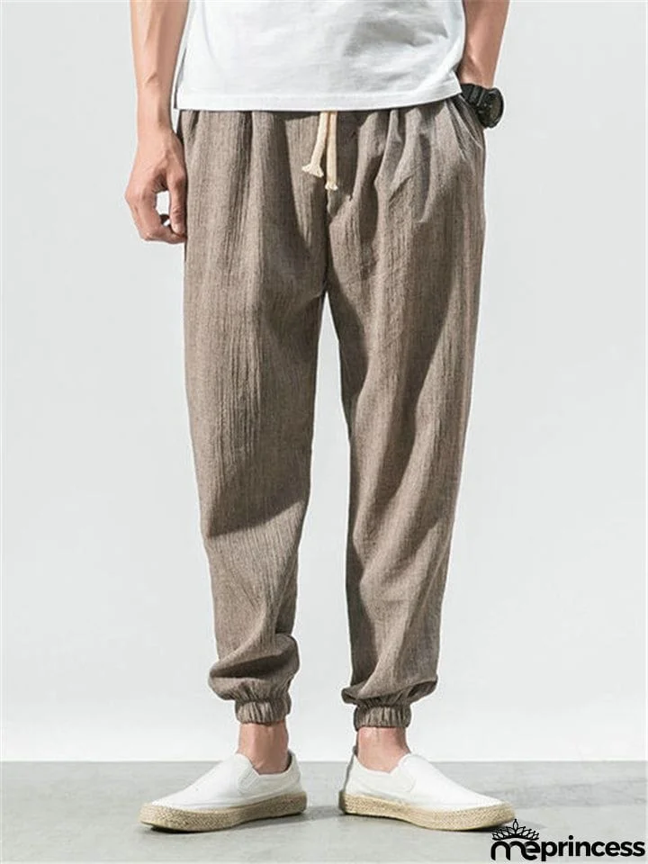 Men Cotton Linen Lightweight Drawstring Pants