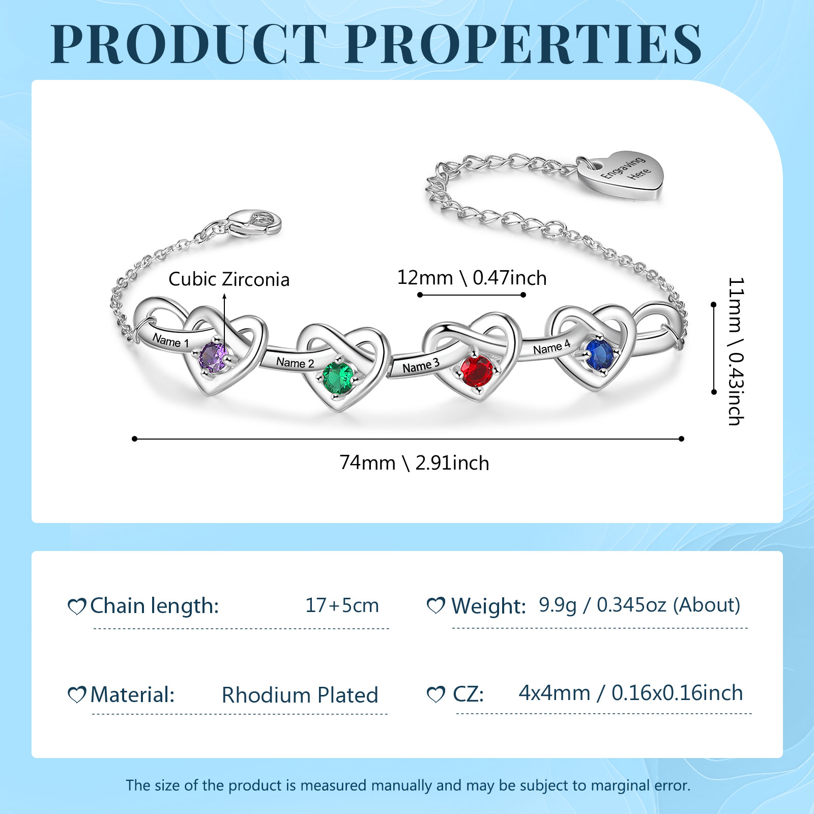 4 Names - Personalized Linked Heart Bracelet Custom 4 Birthstones Engraved Text Bracelets- Mother's Day Gift for Mom/Grandma