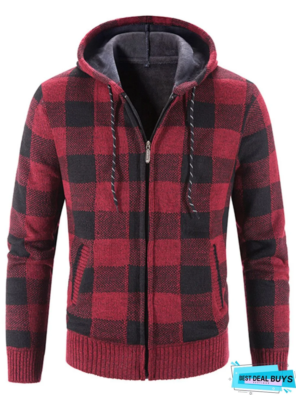 Men's Plaid Color Matching Hooded Loose Long Sleeve Sweater Coat