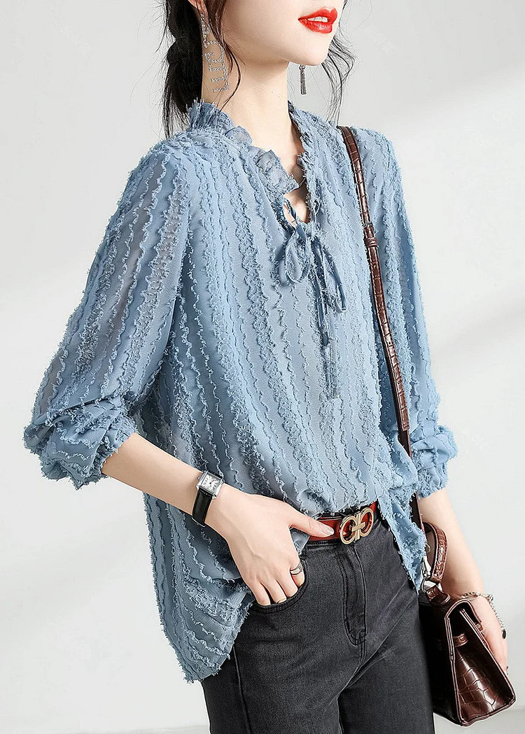 Stylish Haze Blue Ruffled Stand Collar Chiffon Blouse Tops Long Sleeve