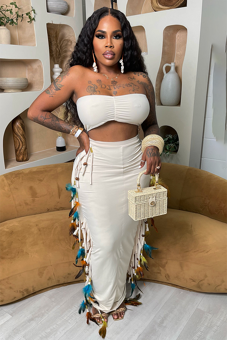 Strapless Crop Top Feather Decor Fringed Bodycon Ruched Maxi Skirt Matching Set-White [Pre Order]