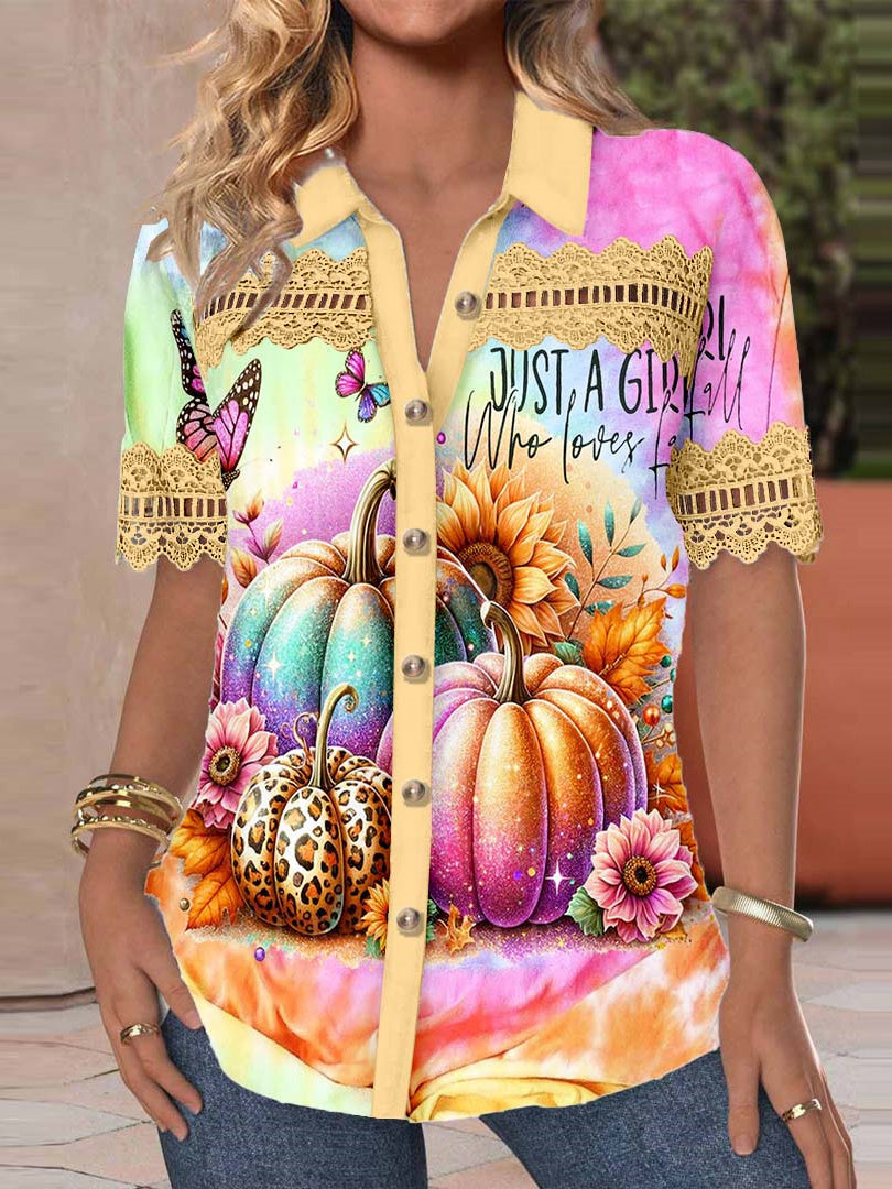Women Short Sleeve V-neck Pumpkin Printed Graphic Lace Hollow Stitching Button Tops
