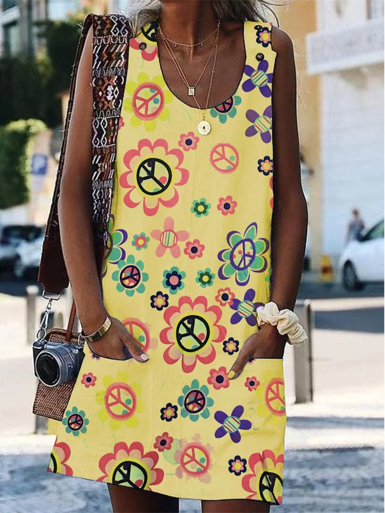 Women Sleeveless U-neck Floral Printed Graphic Dress