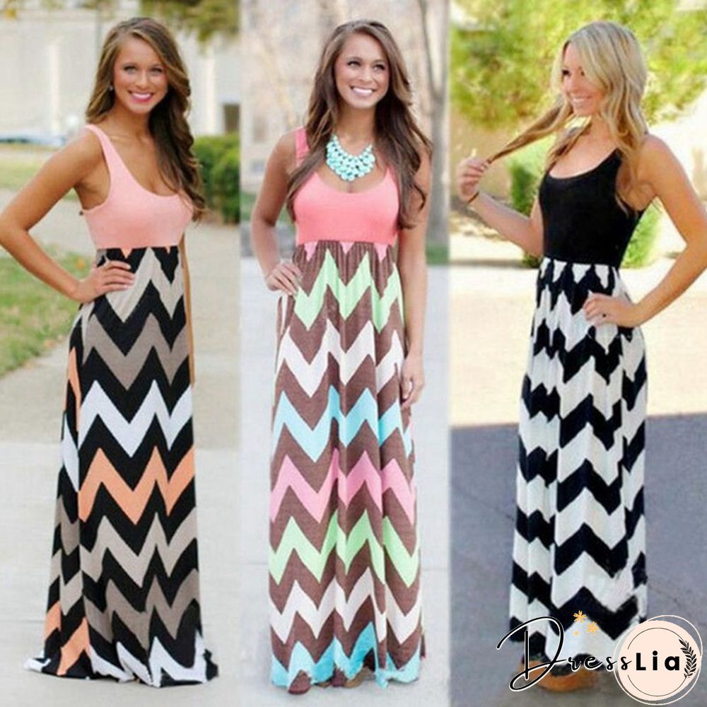 Fashion Women BOHO Party Dress Ladies Striped Print Maxi Summer Beach Long Plus Size S-5XL