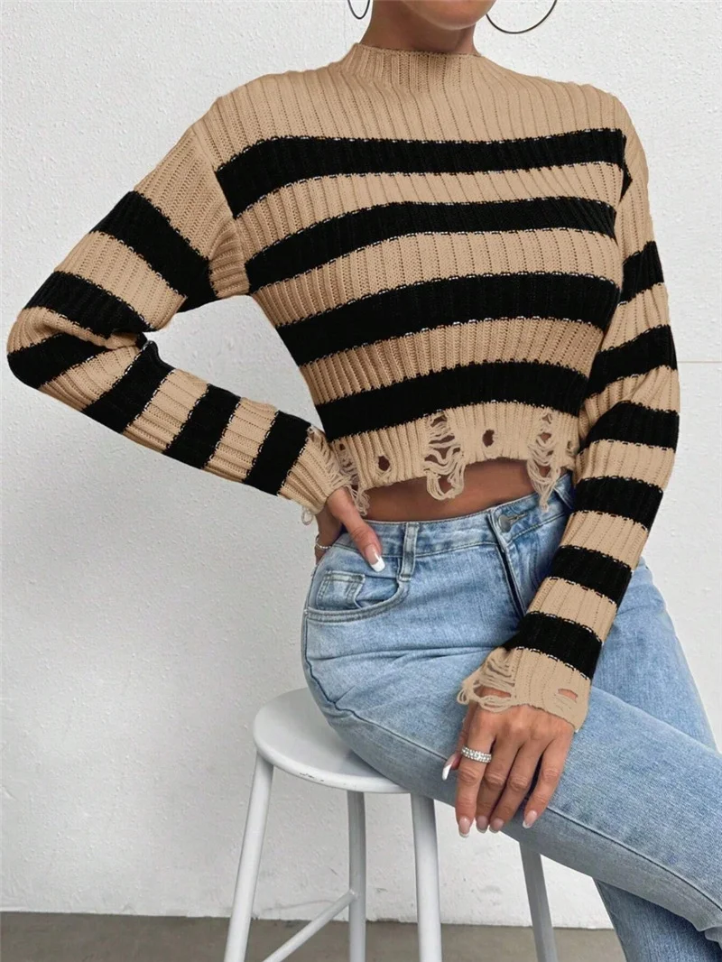 Athvotar Athvotar Women's Clothing Fashion Round Collar High-Waist Short Striped Knitted Short Sweater