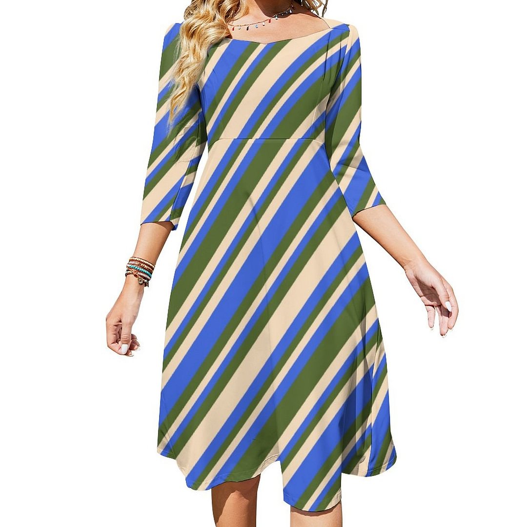 Royal Blue Bisque And Dark Olive Green Pattern Dress Sweetheart Tie Back Flared 3/4 Sleeve Midi Dresses