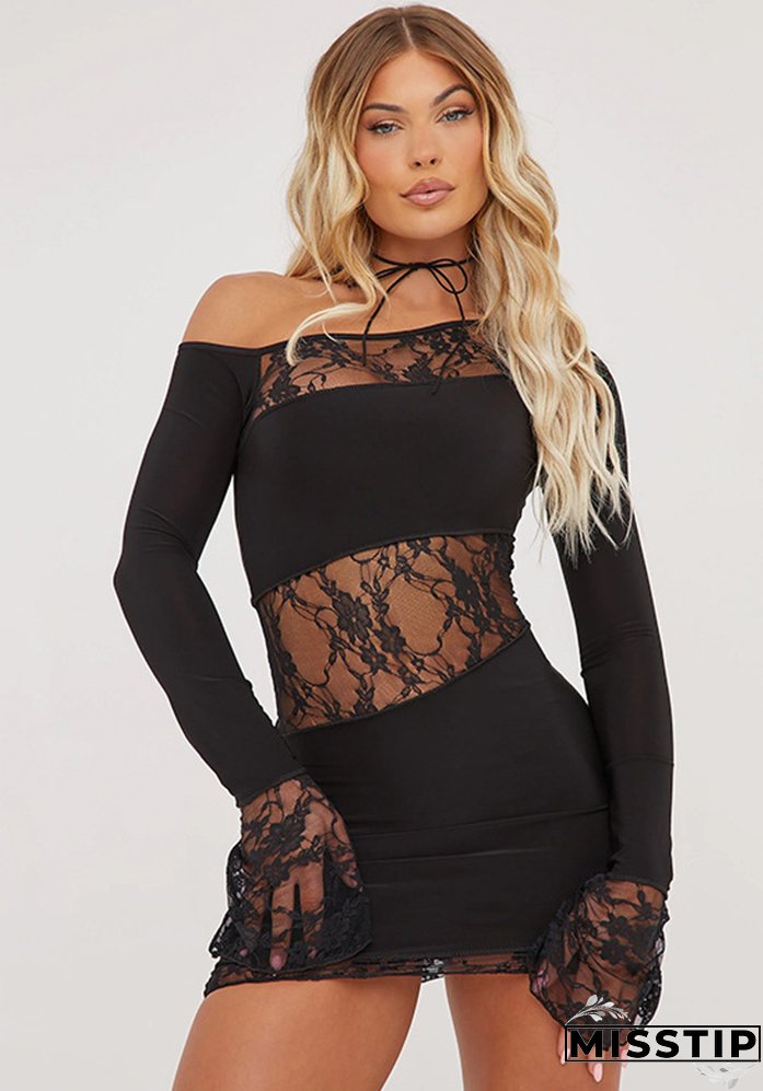 Autumn Solid Color Slash Shoulder Long Sleeve Sexy Lace Patchwork Short Dress
