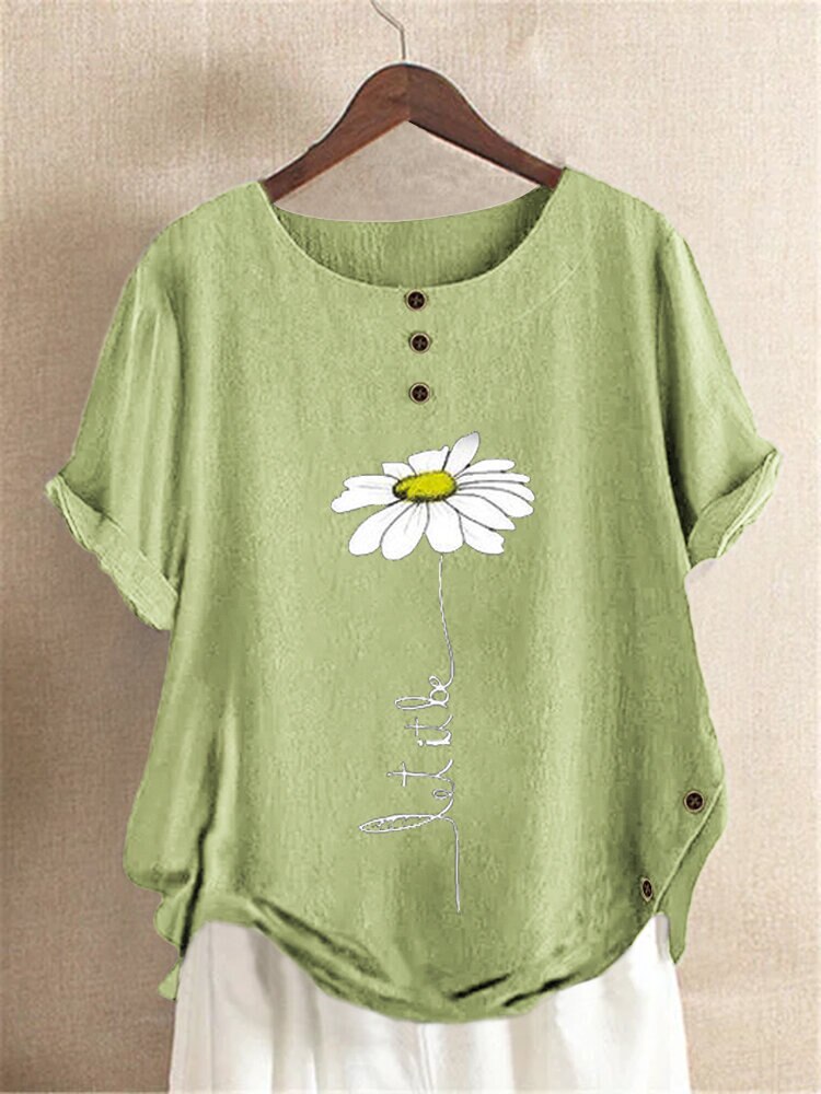 Summer New Casual T-Shirt Women Fashion Irregular Hem Flower Printing Elegant Tops Button Loose Plus Size 5XL O-Neck Cotton Tees