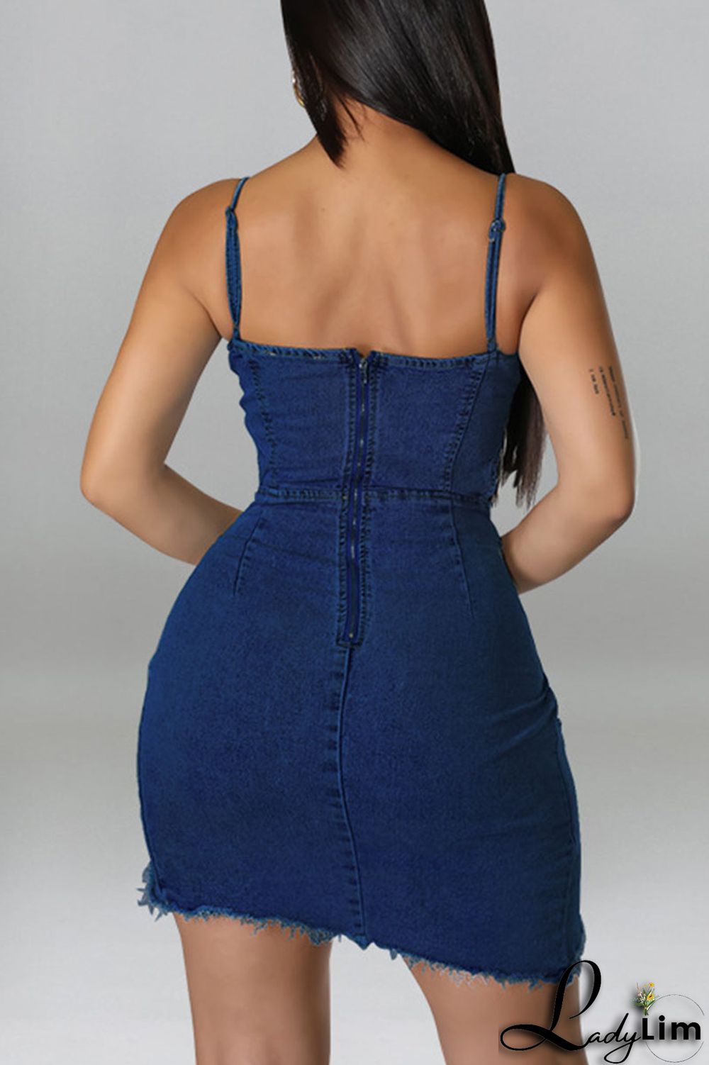 Light Blue Sexy Solid Rivets Patchwork Asymmetrical Spaghetti Strap Sleeveless Regular Denim Dresses