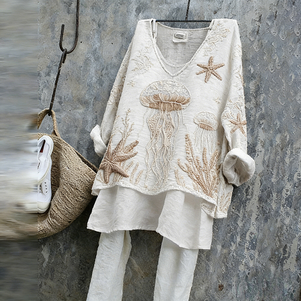Vintage Marine Life Inspired Comfy Linen Tunic wearshes