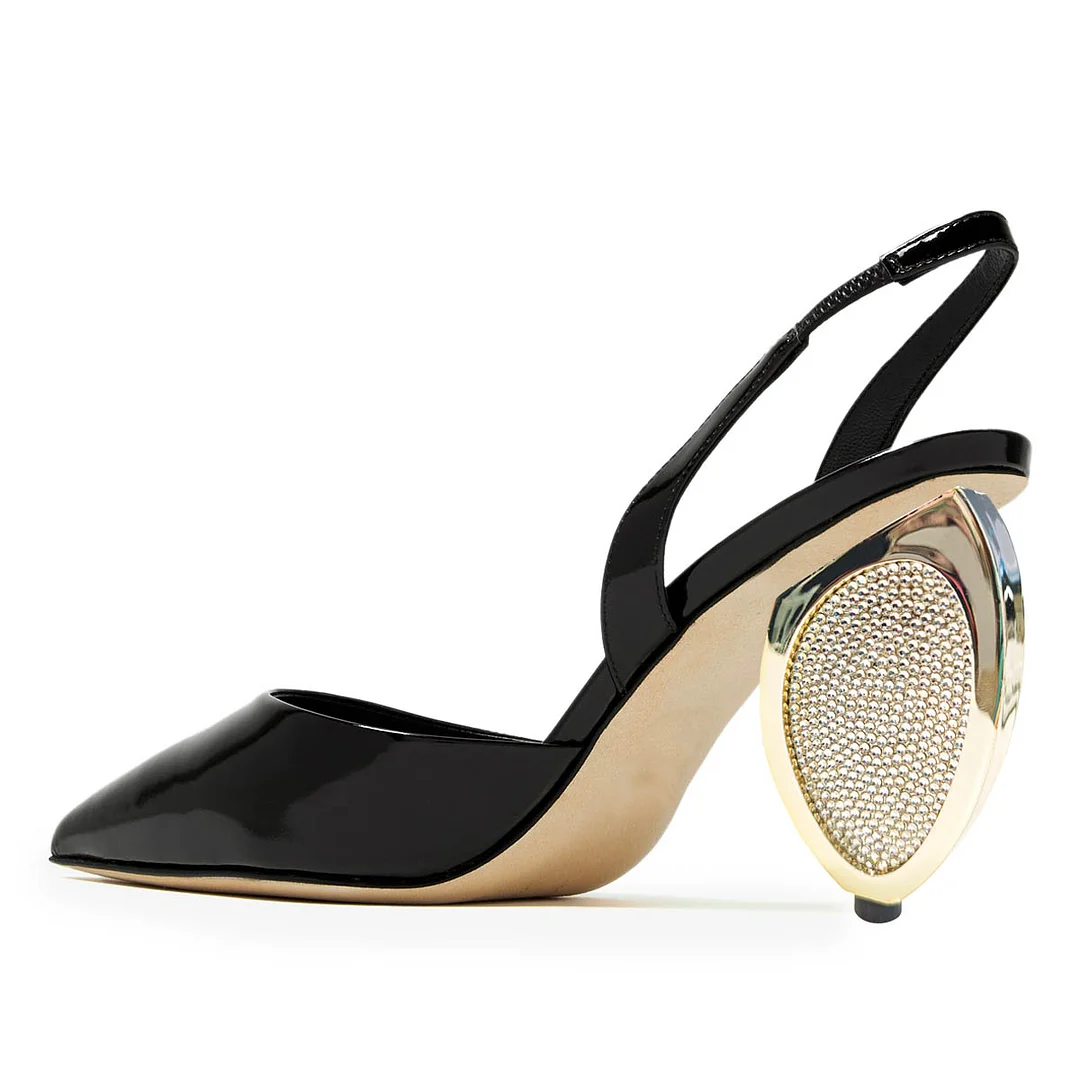 YDN Black Pointed Toe Rhinestone Sculptural Heel Slingback Pumps
